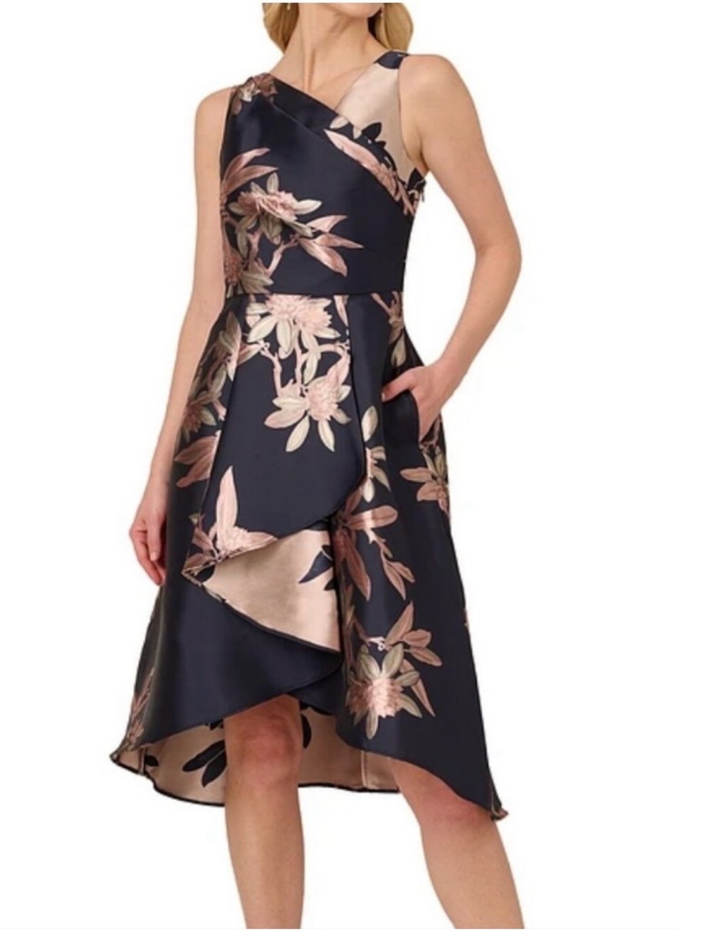 Adrianna Papell Navy Dress with Rose Gold Floral Jacquard